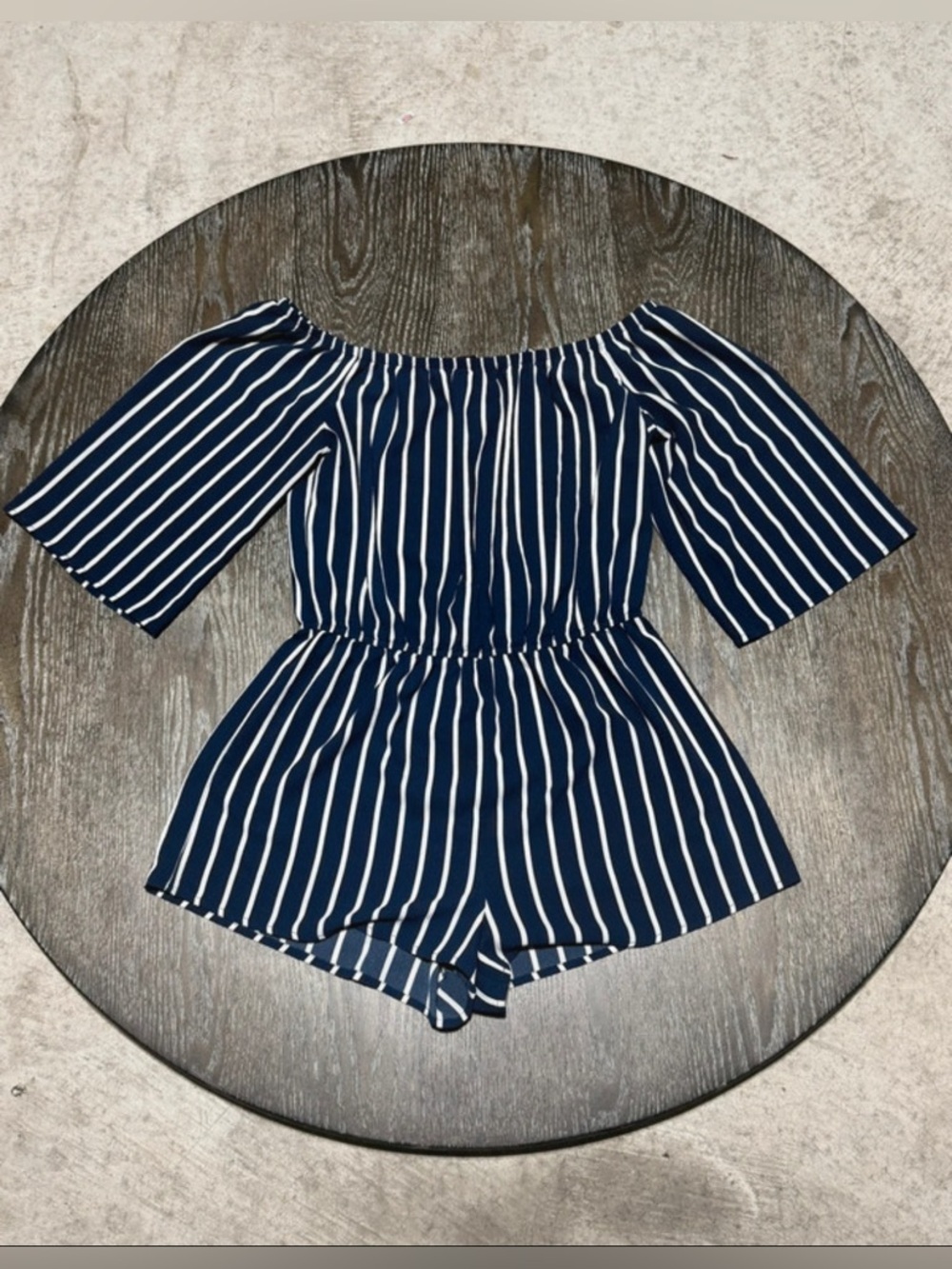 NWOT-10-12 Navy and White Striped Off-Shoulder One-Piece Romper